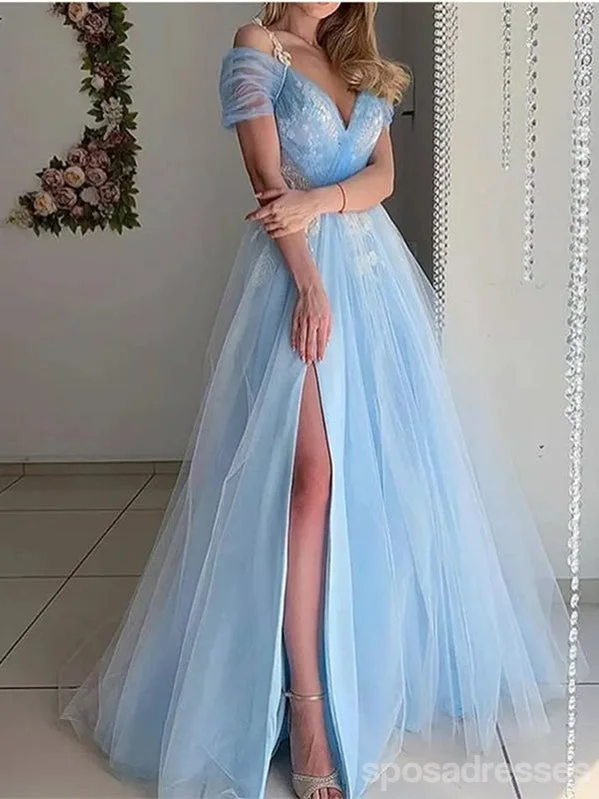 Evening dress with A-line-Blue A-line Off Shoulder High Slit Long Prom Dresses,Evening Dresses,13093