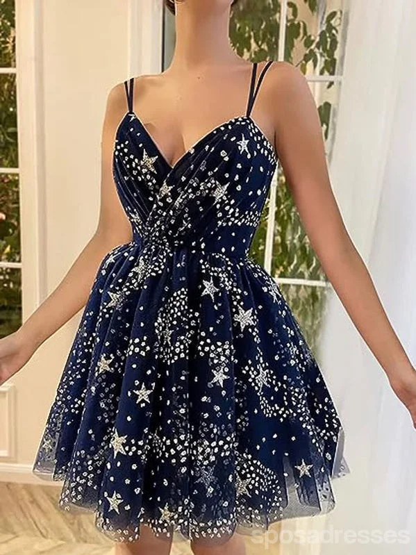 Silver evening dress-Cute A-line Floral Spaghetti Straps Short Homecoming Dresses,Short Prom Dresses,CM956