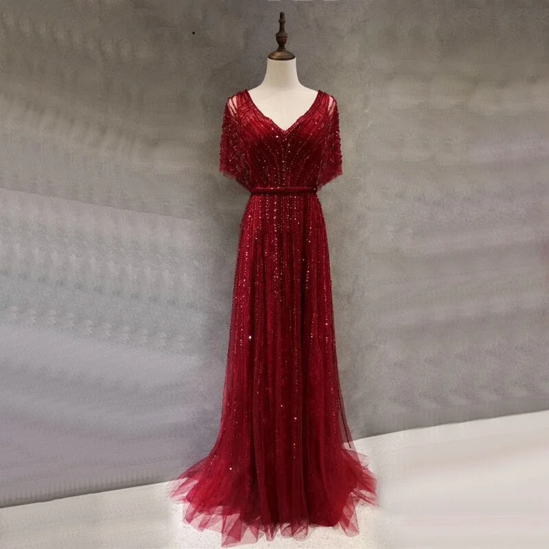 Red evening dress-Serene Hill Dubai Red Luxury A-Line Sexy Evening Dresses 2024 Half Sleeves Beading Crystal Formal Dress Design Real Photo LA70458