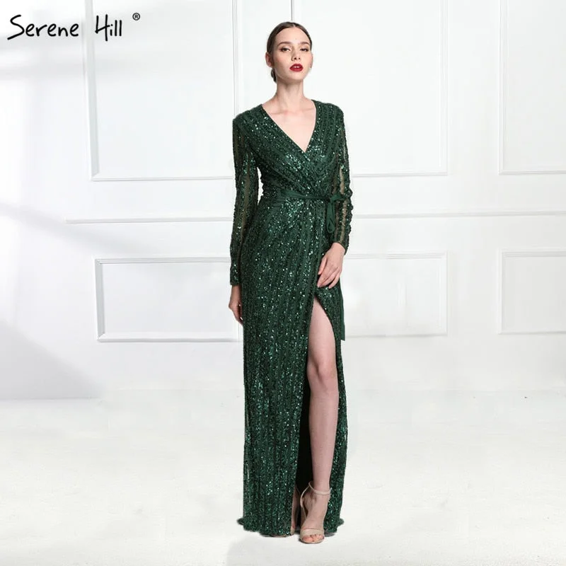 Evening dress with velvet-Fashion V-Neck Sleeping  Style Grey Green Evening Dresses  2024 Beading Diamond  Long Sleeves Evening Party LA6004