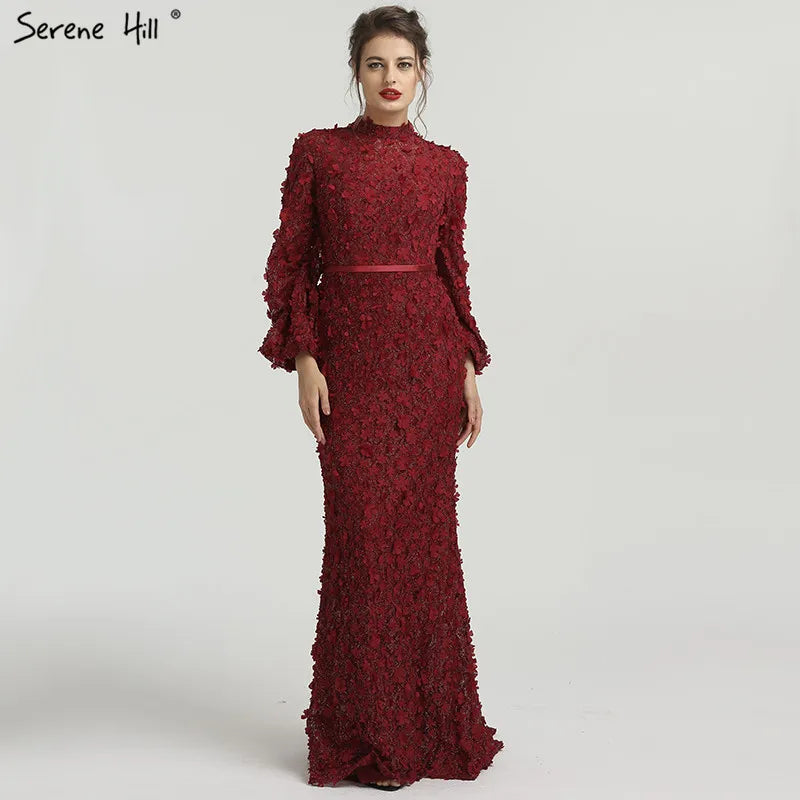 Evening dress with V-neck-Flowers Pearls Long Sleeves Mermaid Evening Dresses Muslim Fashion Elegant  Formal Dress 2024 Serene Hill Plus Size LA6293