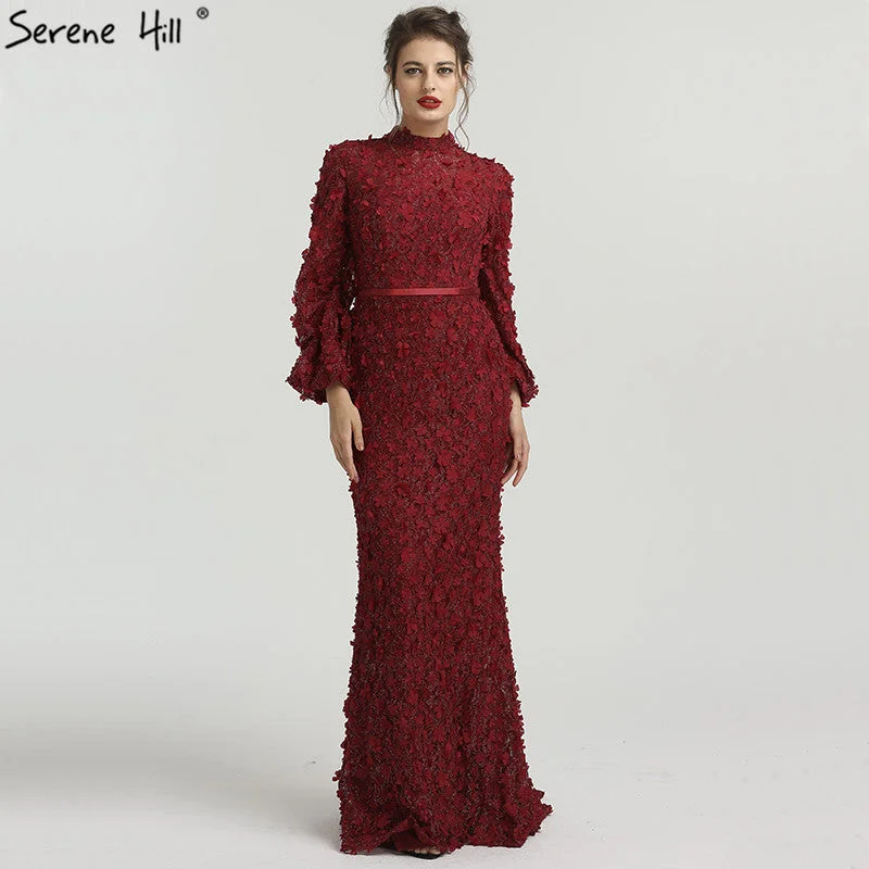 Evening dress with wrap design-Flowers Pearls Long Sleeves Mermaid Evening Dresses Muslim Fashion Elegant Tulle Evening Gowns 2024 Serene Hill LA6293