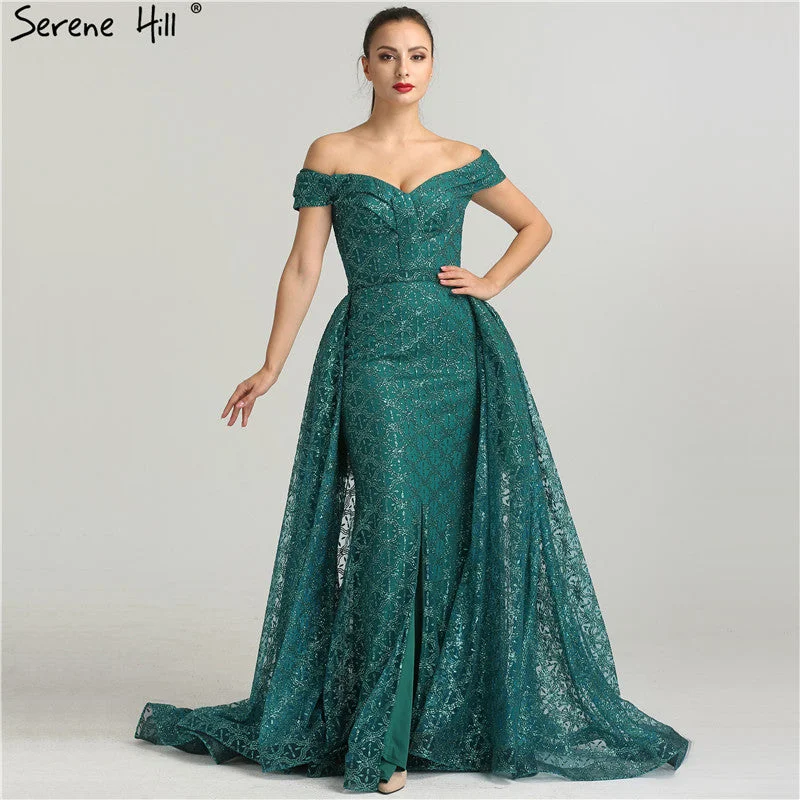 Green evening dress-Glitter Off Shouler  Removable Train Evening Dresses LA6362