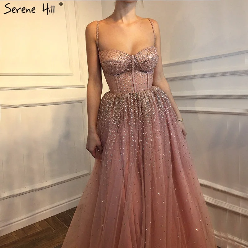 Halter neck evening dress-Glitter Sleeveless Beach Tulle Evening DressesStrap Fashion Formal Evening Gowns LA6343