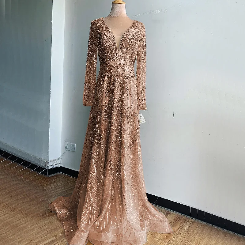 Evening dress with appliqu茅-On Sale  no return no refund Gold A-Line V-Neck Luxury Sexy Evening Dresses 2024 Pearls Crystal Long Sleeves Fromal Gown Serene Hill LA70287L