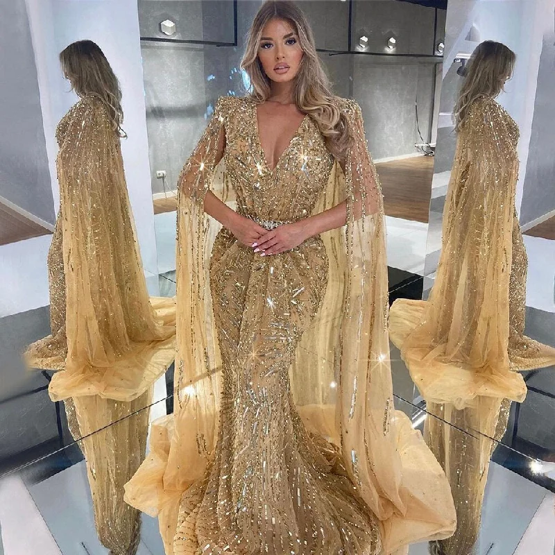 Metallic evening dress-Gold Arabic Cape Sleeves Beaded Evening Dresses Gowns 2023 Mermaid Elegant Luxury For Women Party Serene Hill LA71496