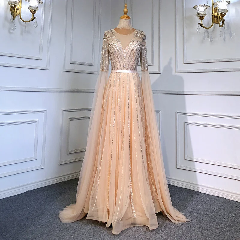 Off-white evening dress-Gold Arabic Luxury Cape Sleeves Evening Dresses Gowns 2024 Beaded A-Line For Women Party Serene Hill LA71598