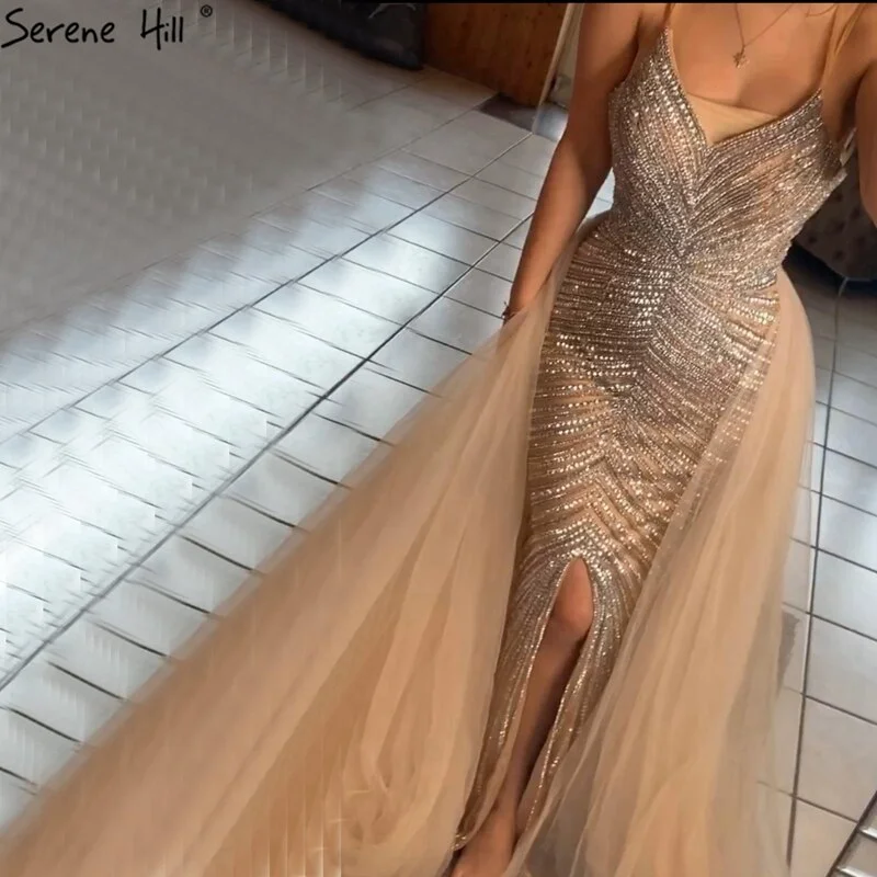 Pink evening dress-Gold Backless Mermaid Sexy Evening Dresses 2024 Dubai Crystal Beading Luxury Formal Dress Design Serene Hill LA70165