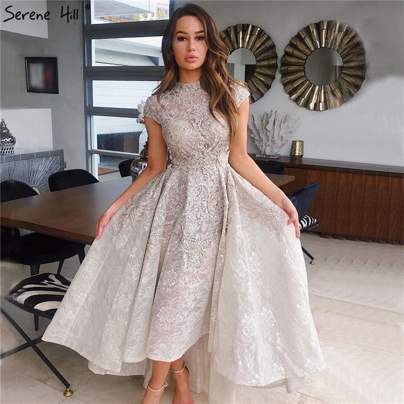 Silver evening dress-Gold High Neck Luxury Asymmetrical Evening Dresses 2024 Cap Sleeve Lace Beading Evening Gowns Serene Hill LA70227