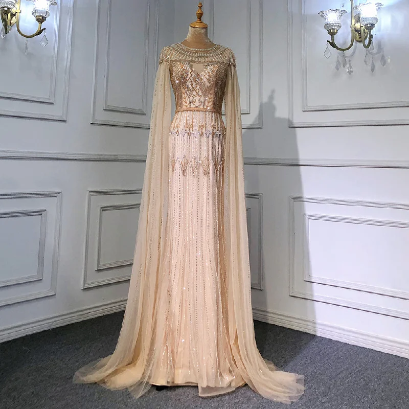 Two-piece evening dress-Gold Luxury Arabic Cape Sleeves Evening Dresses Gowns 2024 Beaded Mermaid For Women Party Serene Hill LA71620