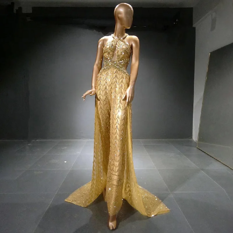 Blue evening dress-Gold Luxury Jumpsuit Evening Dresses Gowns 2024 Beaded Sexy Overskirt For Women Party Serene Hill LA71505