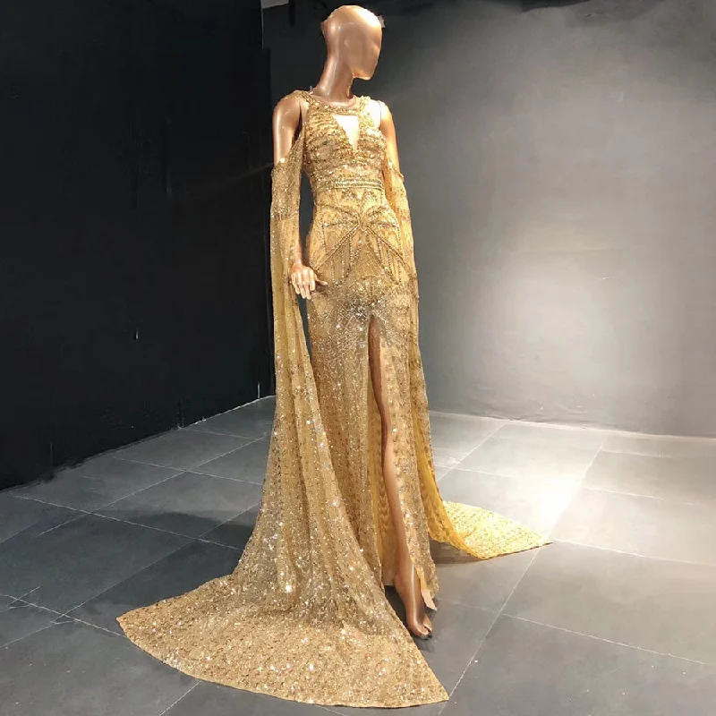 Bohemian evening dress-Gold Mermaid Elegant High Split Evening Dresses Gowns 2024 Beaded Luxury Cape Sleeve For Women Party Serene Hill LA71503