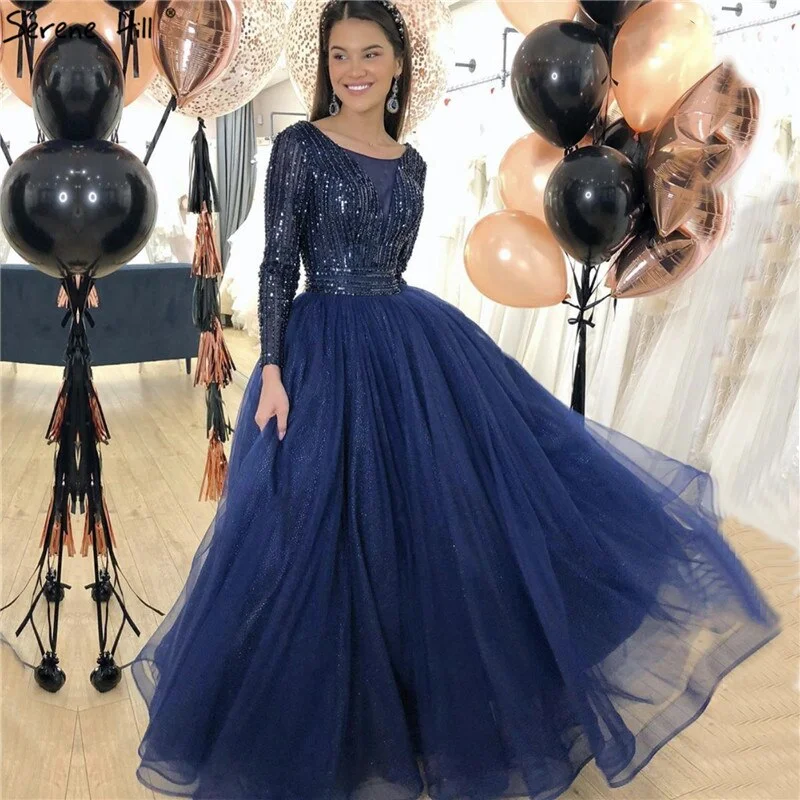 Champagne evening dress-Gold O-Neck Sequins Beading A-Line Evening Dresses Design 2024 Long Sleeves Lace Up Formal Dress Serene Hill LA70237