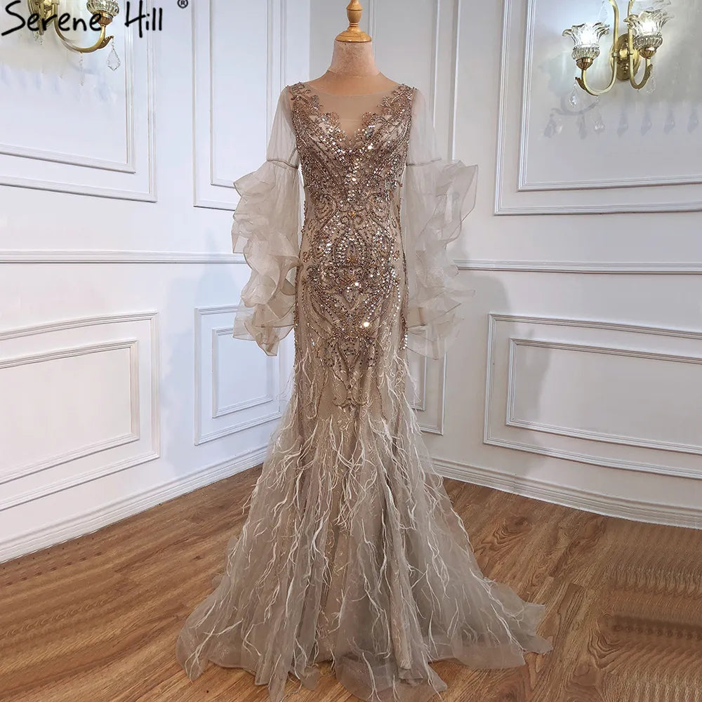 Classic evening dress-Gold Petal Long Sleeve Mermaid Evening Dresses 2024 Luxury Sparkl Sequins Beaded Sexy Formal Dress Serene Hill LA70410