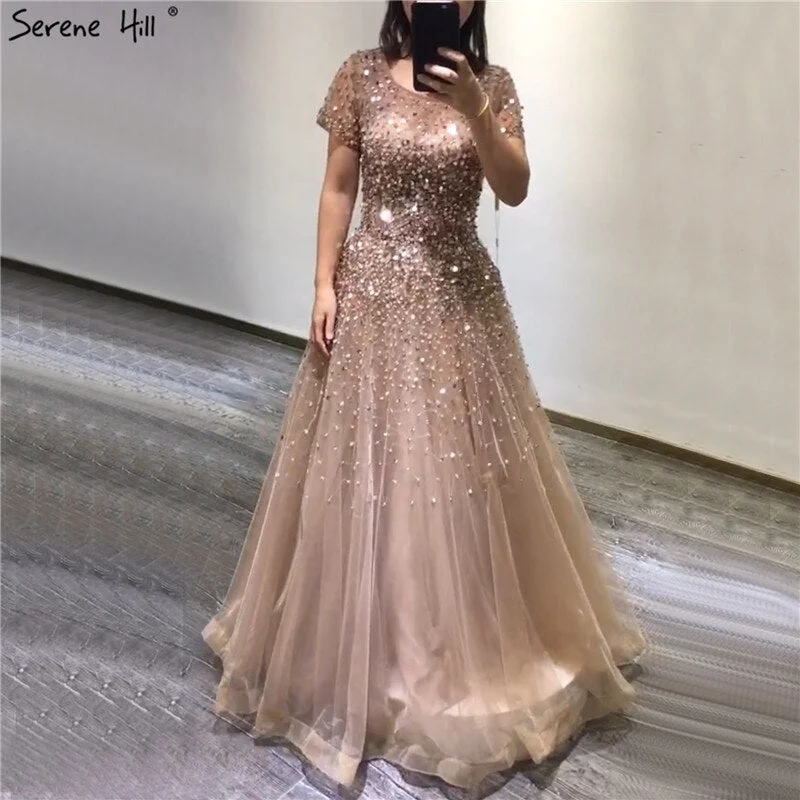 Elegant evening dress-Gold Short Sleeves Beading Luxury Evening Dresses Gowns 2024 A-Line Lace Up For Women Party Design Serene Hill LA70464