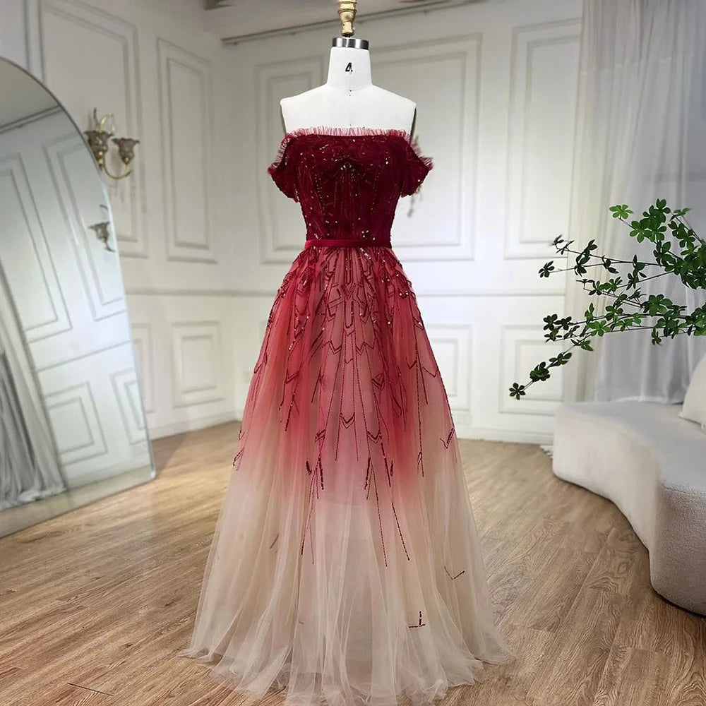 Evening dress for black tie-Gradual Change Red A-Line Sexy Evening Dresses 2024 Beading Sequins Boat Neck Formal Dress Design Serene Hill LA70516