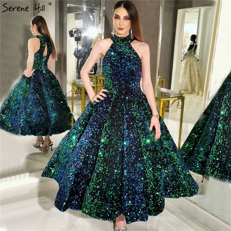 Evening dress for weddings-Green O-Neck Sexy Luxury Ankle-Length Evening Gowns 2024 Sleeveless Sequins Sparkle Formal Dress Serene Hill HA2063