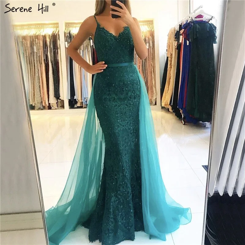 Evening dress with A-line-Green Sling Lace Beading Mermaid Evening Dresses 2024 Sexy Sleeveless V-Neck Tulle Formal Dress Real Photo LA70064