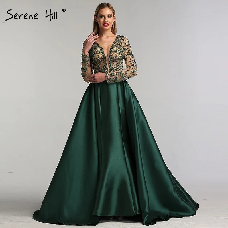 Evening dress with beaded bodice-On Sale  no return no refund Green V-Neck Satin Long Dresses Evening Long Sleeves Pearls Beading Evening Gowns 2024 Serene Hill LA6312