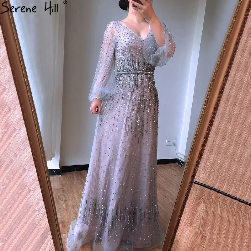 Evening dress with backless design-Grey A-Line Luxury Sparkle Dubai Evening Dresses 2024 Beading Long Sleeves Sexy Formal Dress Serene Hill LA70642