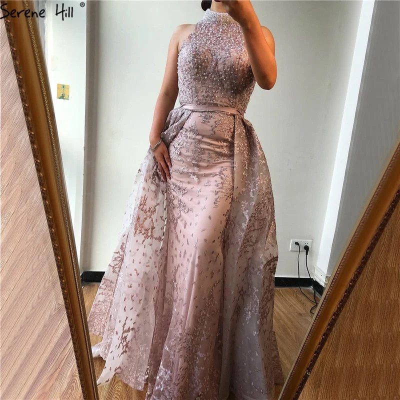 Evening dress with beaded details-Grey Dubai Design Sleeveless Sexy Evening Dresses 2024 Embroidery Diamonds Mermaid Formal Dress Real Photo LA70014