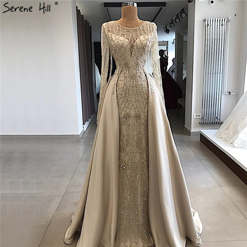 Evening dress with bow-Grey Long Sleeve Sexy Luxury Evening Dress 2024 Mermaid Sequined Beading O-Neck Evening Dress Real Photo LA70174