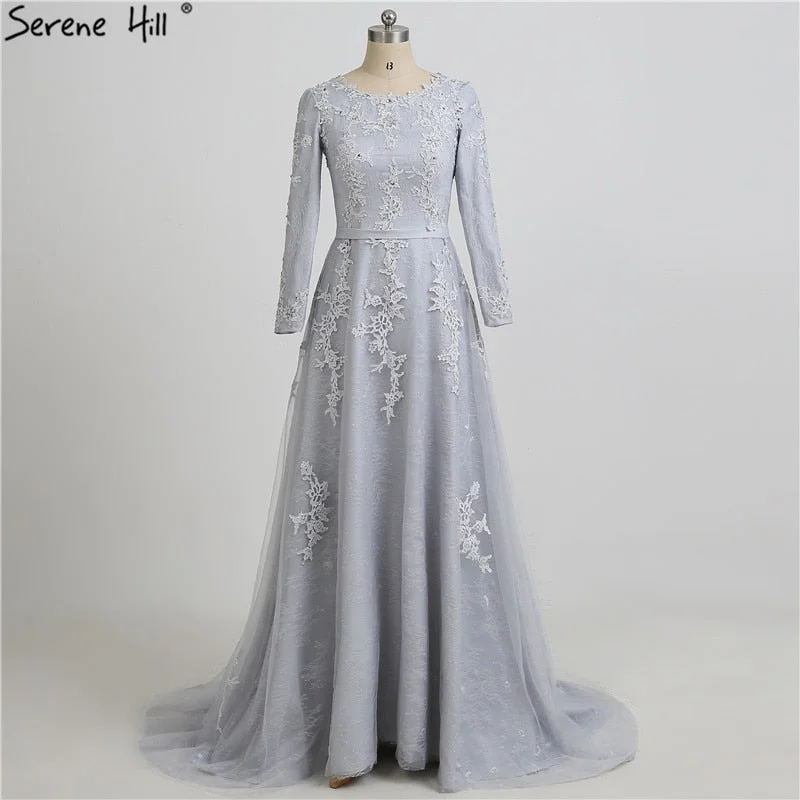 Evening dress with bow belt-Grey Long Sleeves Beach Evening Dresses Fashion Beading Sequined Tulle HA2105