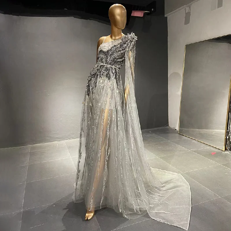 Evening dress with cap sleeves-Grey Luxury Beaded A-Line Evening Dresses Gowns 2024 One Shoulder Cape Sleeve For Women Party Serene Hill LA71626