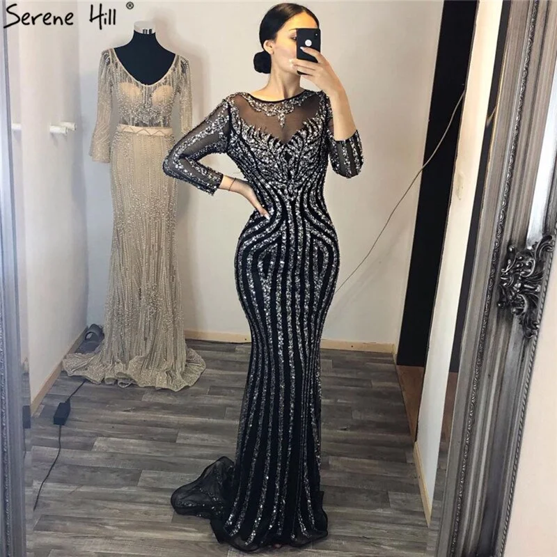 Evening dress with cape-Grey Luxury Long Sleeves Sparkly Evening Dresses Mermaid Sexy Diamond Beading Formal Dress 2024  Real Photo  LA6591