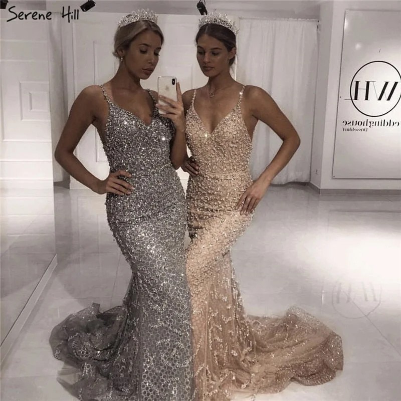 Evening dress with chiffon-Grey Luxury Sexy Mermaid Evening Dresses 2024 Diamond  Beading Off Shoulder Formal Dress Real Photo LA60729