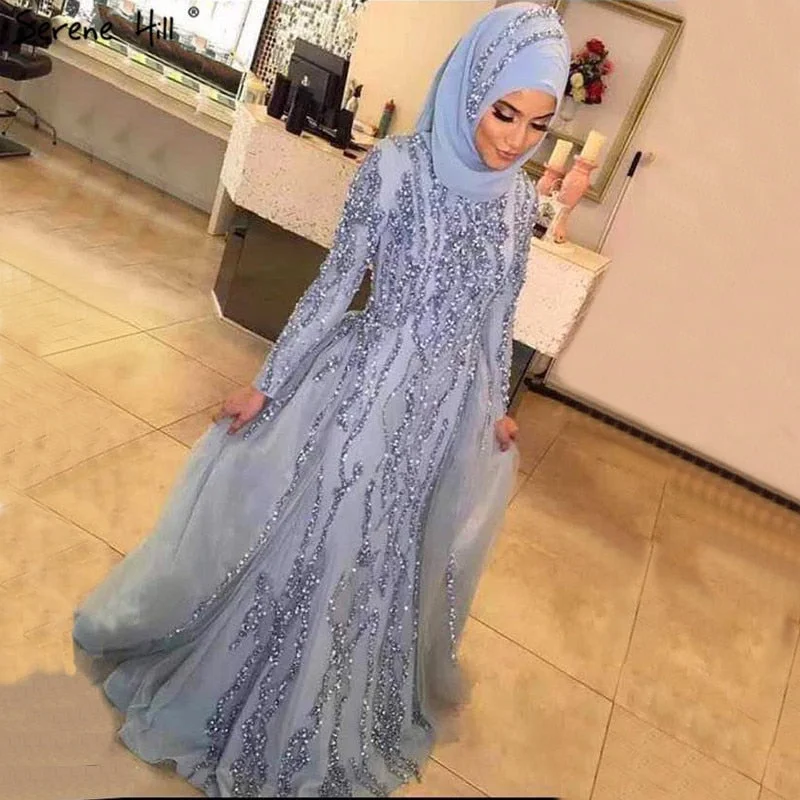 Evening dress with crochet details-Grey Mermaid Dubai Designer Evening Dresses Beading Sequined Long Sleeves LA6302