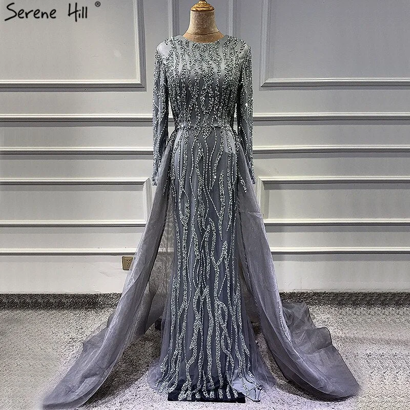 Evening dress with double straps-Grey Mermaid Luxury Dubai Designer Evening Dresses Beading Sequined Fashion Long Sleeves Evening Gowns 2024 Serene Hill LA6302