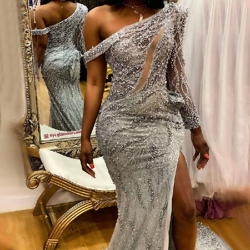 Evening dress with cap sleeves-On Sale  no return no refund Grey One Shoulder Luxury Evening Dresses Gowns 2024 Beaded Mermaid Elegant For Women Party Serene Hill LA71622