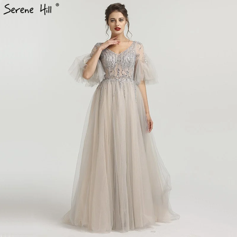 Evening dress with draped bodice-Grey V-Neck Sexy Evening DressesBeach Beading Sequined Tulle Sharking LA6562