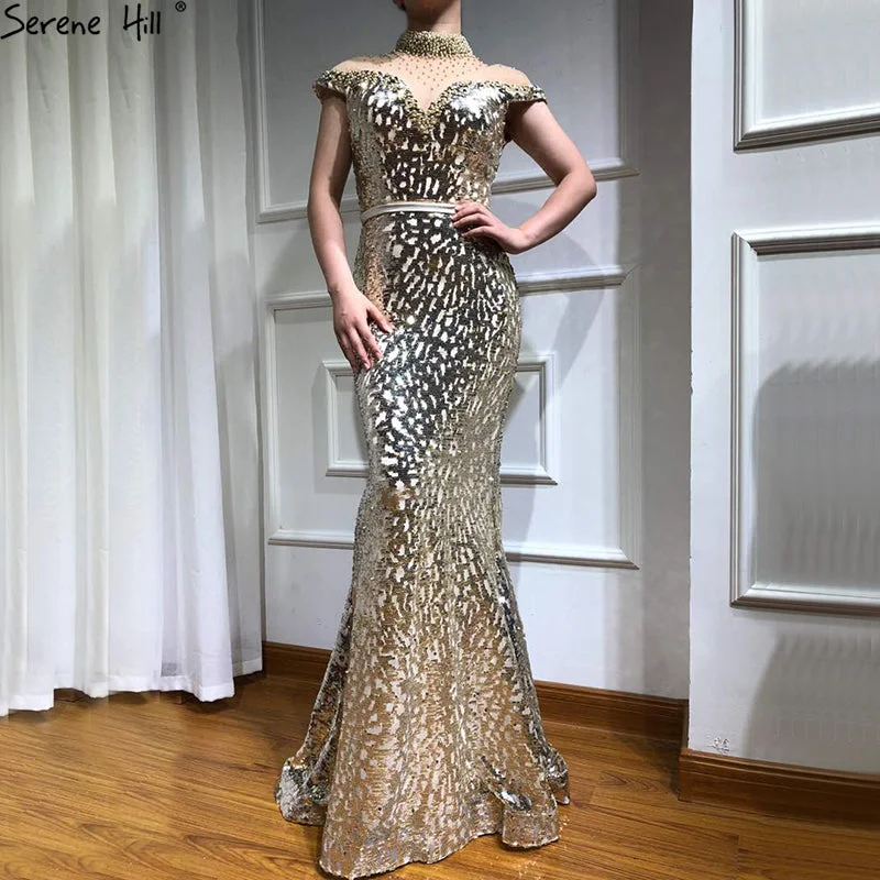 Evening dress with flared skirt-High Collar Mermaid Fashion Evening Dresses Sequined Pearls Sparkle Sleeveless LA6607