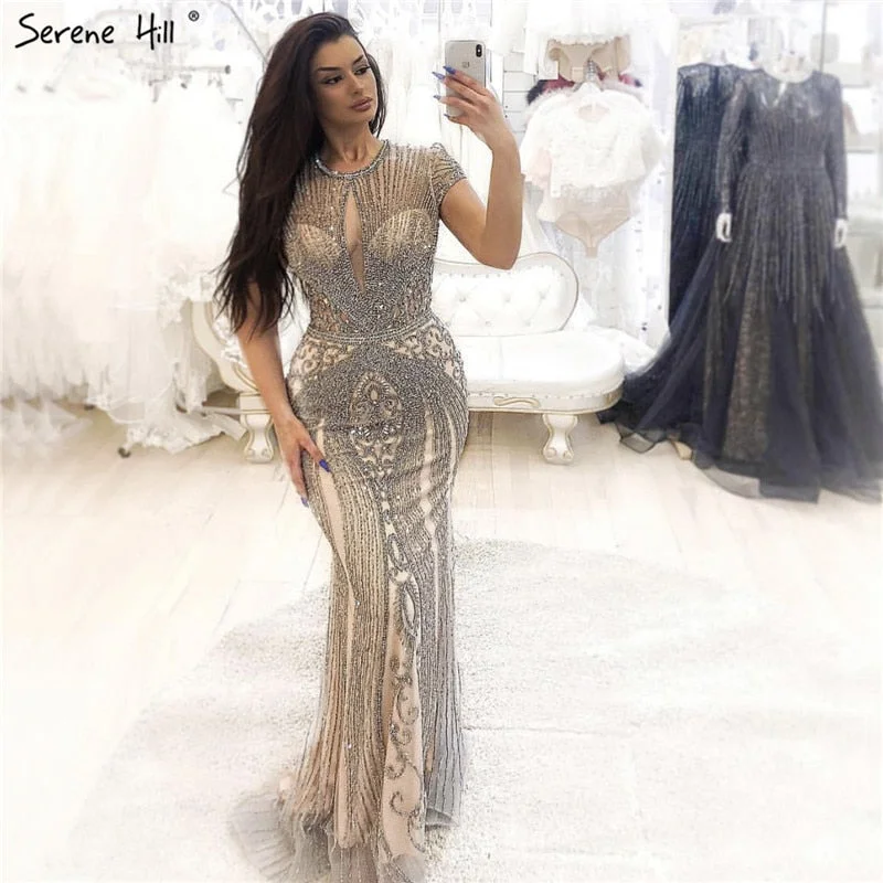 Evening dress with full skirt-IN STOCK 2024 Luxury Cap Sleeve full diamond O-Neck Mermaid Evening Dresses Design Beading Evening Gowns Plus Size LA60742