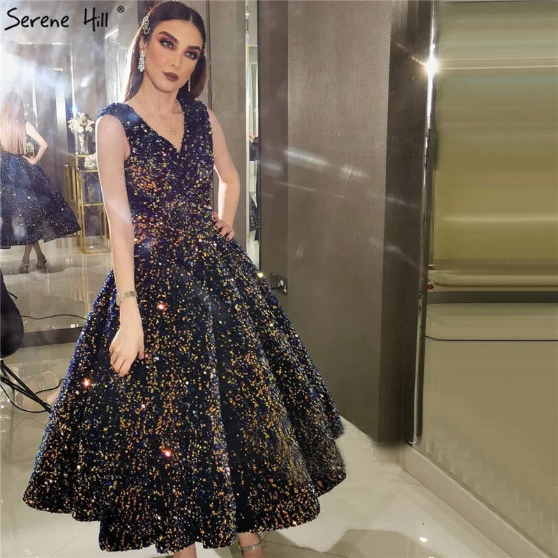 Evening dress with glitter-Indigo Blue Gold V-Neck Luxury Evening Dresses 2024 Sleeveless Sequined Sexy Ankle-Length Formal Gowns Serene Hill HA2154