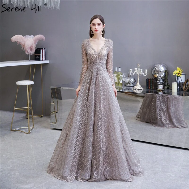 Evening dress with high-low hem-khaki  Muslim Arabia Crystal  Beading Evening Dresses  Gowns For Woman 2024  Long Sleeve Formal Dress Design Serene Hill LA70430