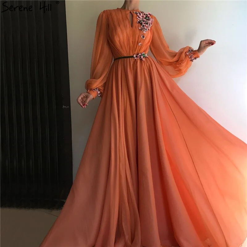 Evening dress with illusion skirt-Latest Peach Lantern Long Sleeves Evening Dresses Design 2024 Flowers Diamond A-Line Formal Dress Serene Hill LA70022