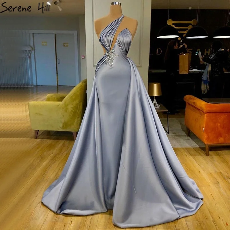 Evening dress with illusion sleeves-Light Blue Mermaid One Shoulder Evening Dresses 2024 Satin Sleeveless Beading Lace Up Formal Dress Serene Hill LA70578