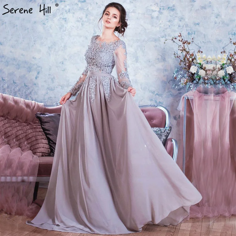 Evening dress with lace-Long Sleeve Backless Elegant Formal Evening Dresses Beading Crystal Chiffon HA2149