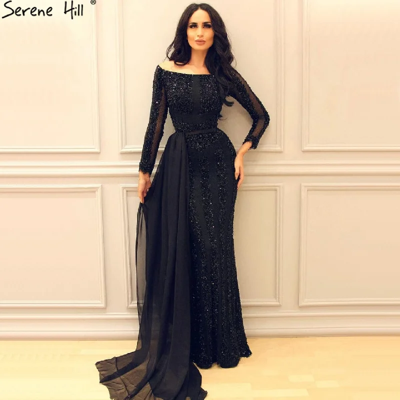 Evening dress with lace applique-Long Sleeve Black Mermaid Tulle Evening Dresses Beading Sequined Formal Dress Real Photo 2024 Serene Hill LA6009