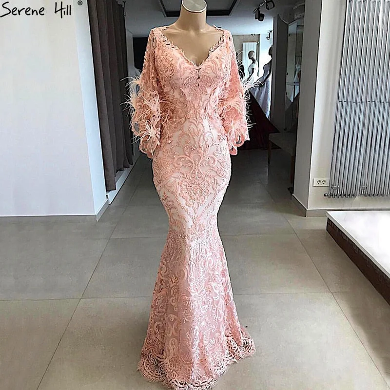 Evening dress with mermaid style-Long Sleeve Feathers Beading Evening Dresses V-Neck Mermaid LA6602