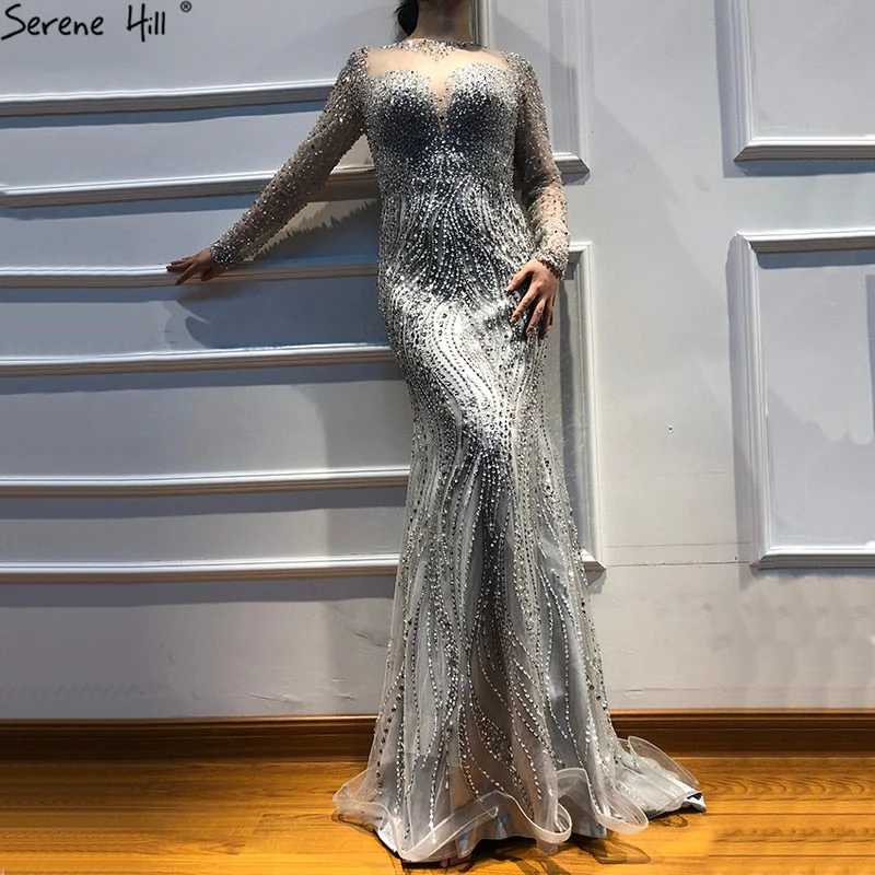 Evening dress with off-shoulder neckline-Long Sleeves Formal Evening Dresses Mermaid Beading Evening Gowns LA6506