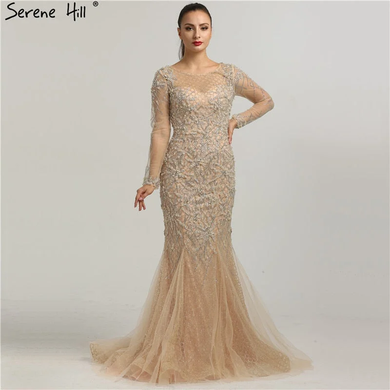 Evening dress with open back-Long Sleeves Glitter Evening Dresses Crystal Pearls Mermaid LA6420