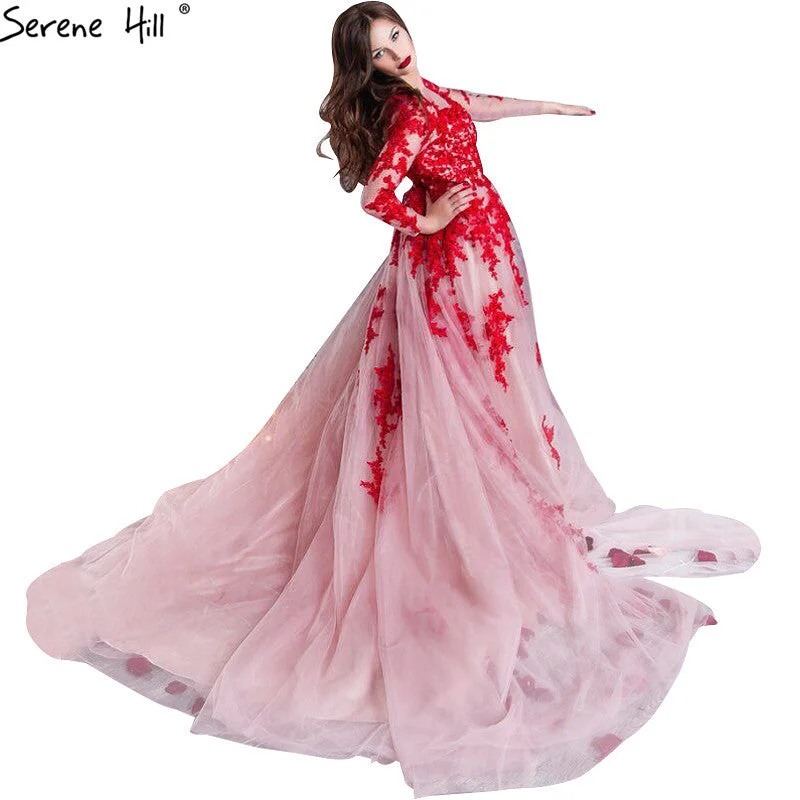 Evening dress with pleated skirt-Long Sleeves Red Photohgraphy Dress Evening Dress Long Appliques Evening Gown HA2115