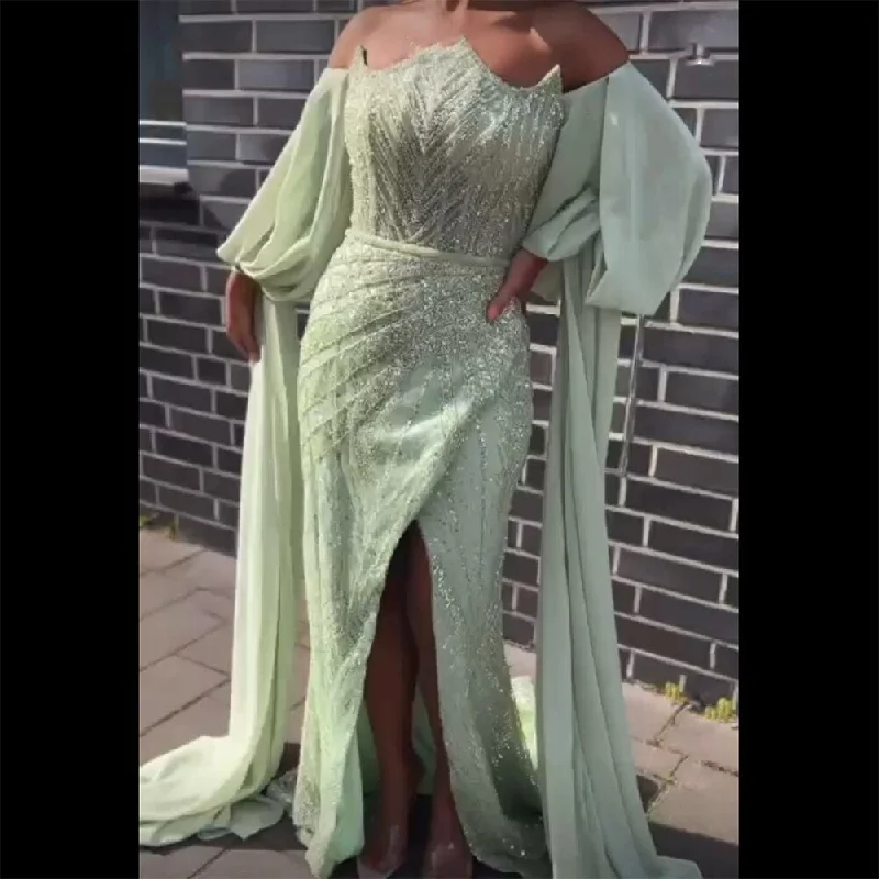 Evening dress with puff sleeves-Luxurious Serene Hill Mint Beaded Mermaid Evening Dress Gown 2024 LA72096 for Women Wedding Party