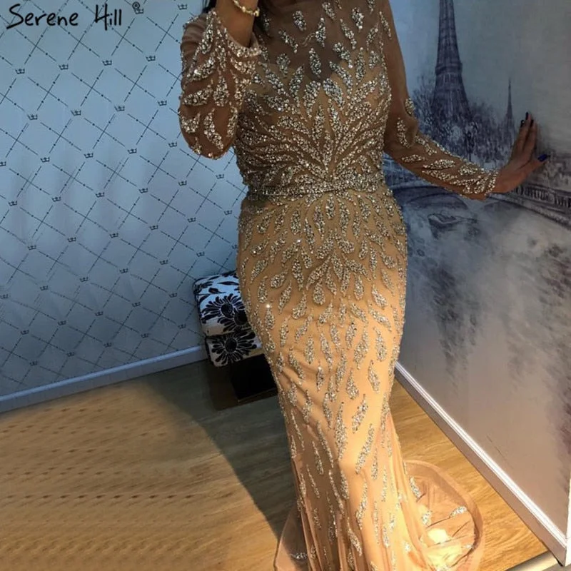 Evening dress with sheer sleeves-Luxury Mermaid Sparkly Grey Sexy Evening Dresses 2024 Beading Sequined Long Sleeves Formal Dress Serene Hill LA60892