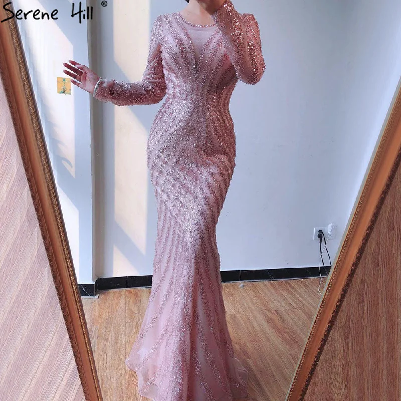 Evening dress with statement sleeves-Luxury Pink O-Neck Mermaid Evening Dresses 2024 Dubai Long Sleeves Glitter Evening Gown Serene Hill LA70248