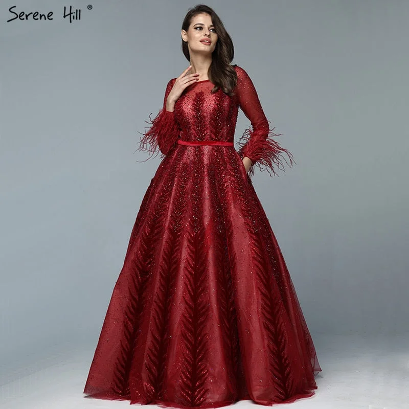 Evening dress for cocktail-Luxury Wine Red  Dubai Design Evening Dresses Long Sleeves Feathers Crystal Formal Dress 2024 Serene Hill LA70013